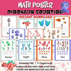 Dinosaur Counting Posters & Worksheets 0-10