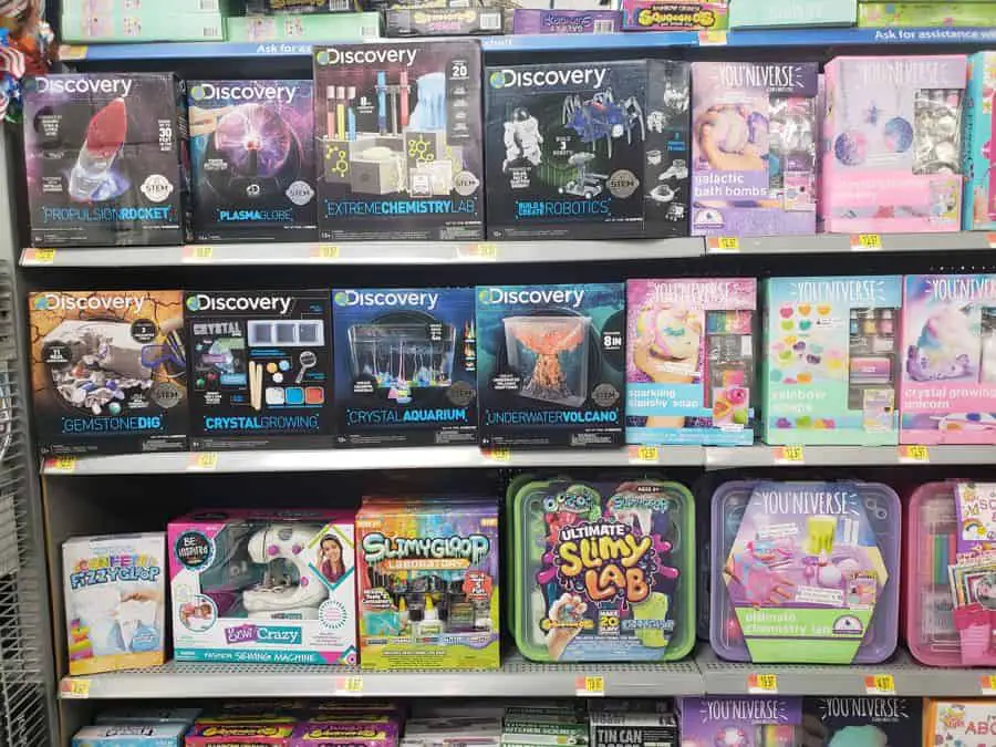 STEM and STEAM toys and kits lined up on store shelves