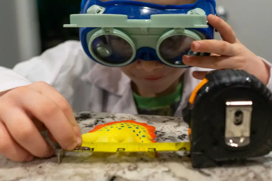 young scientist boy measuring a dinosaur