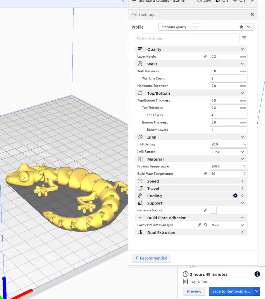 3D Flexi Lizard in Cura