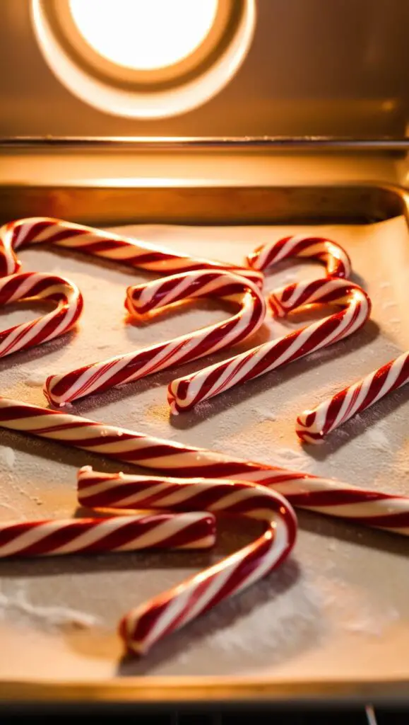 candy canes on baking sheet in an oven